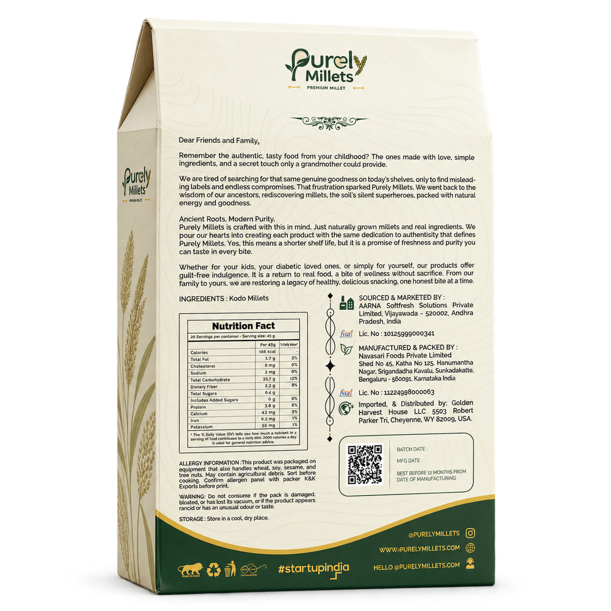 Purely Millets Kodo Millets, 2 lb box, angled back view.