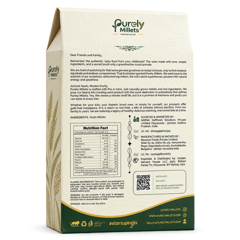 Purely Millets Kodo Millets, 2 lb box, angled back view.
