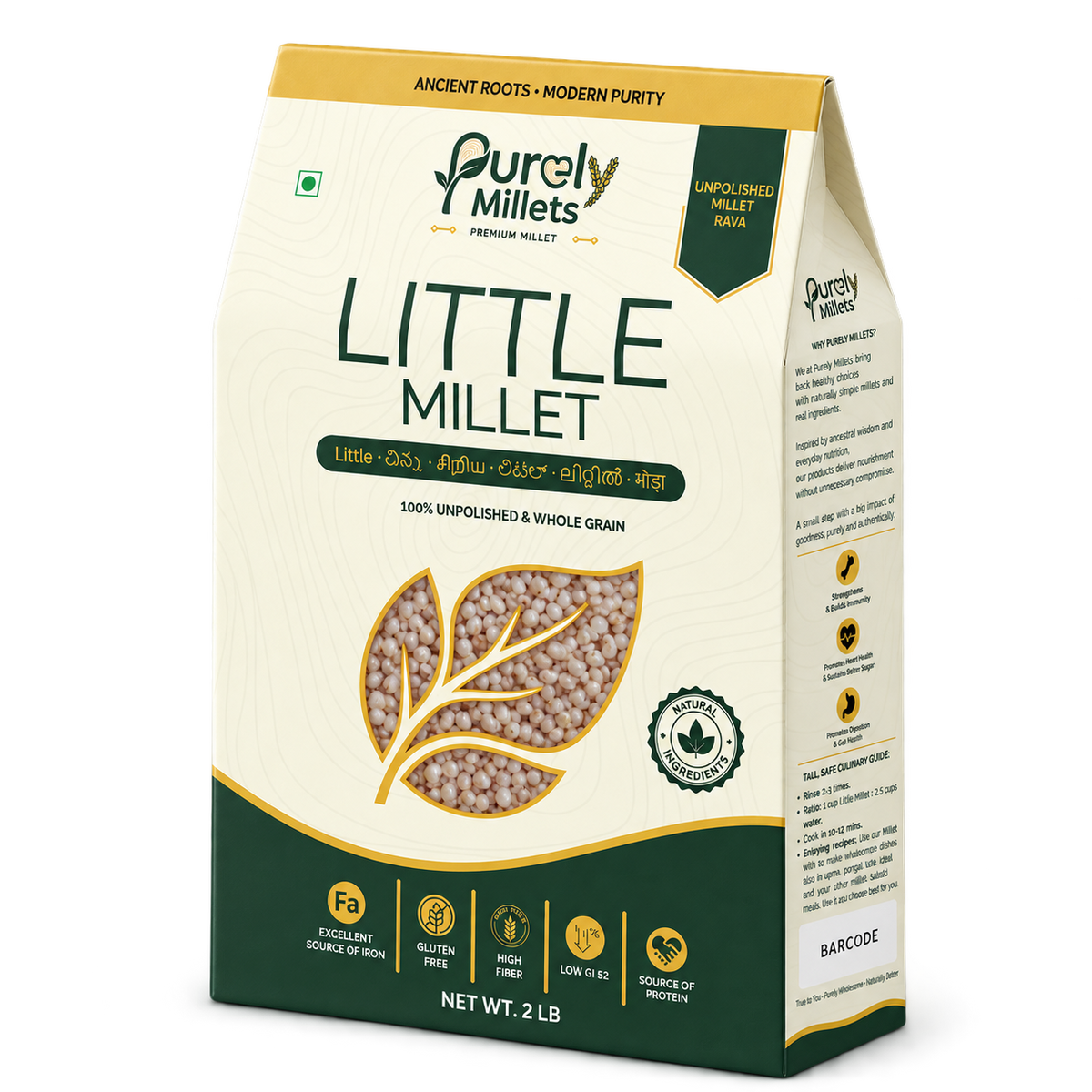 Purely Millets Little Millets, 2 lb box, angled front view.