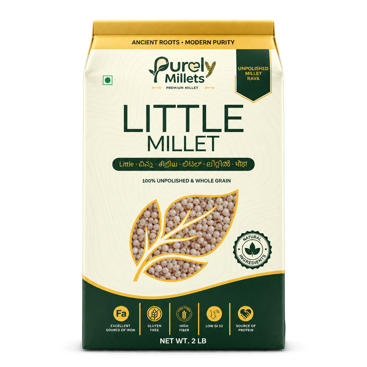 Purely Millets Little Millets, 2 lb box, straight front view.