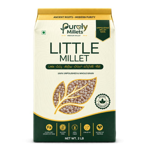 Purely Millets Little Millets, 2 lb box, straight front view.