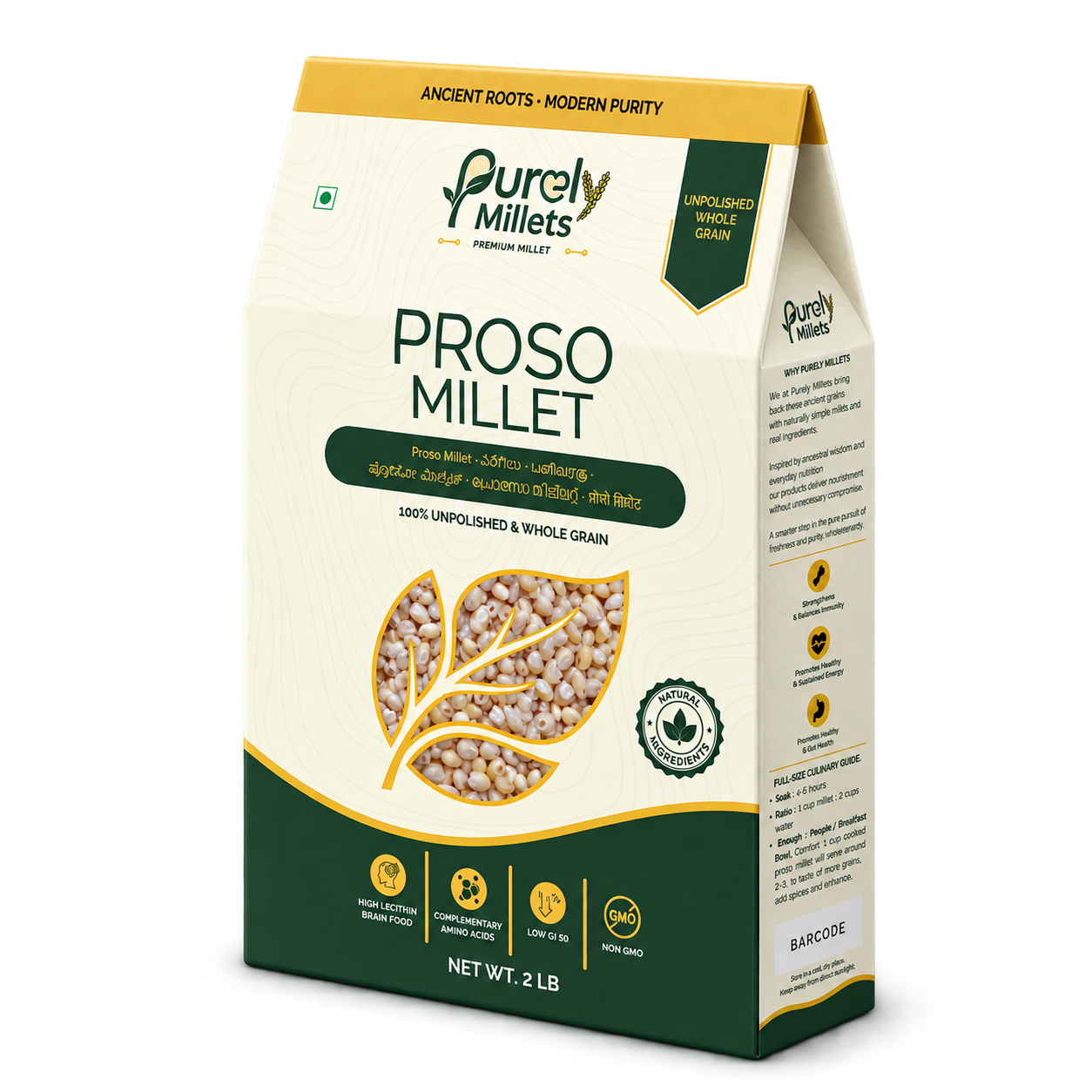 Purely Millets Proso Millets, 2 lb box, angled front view.