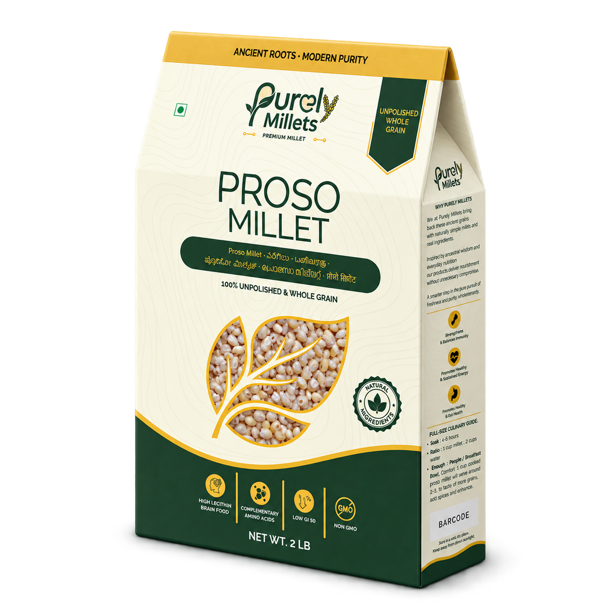 Purely Millets Proso Millets, 2 lb box, angled front view.