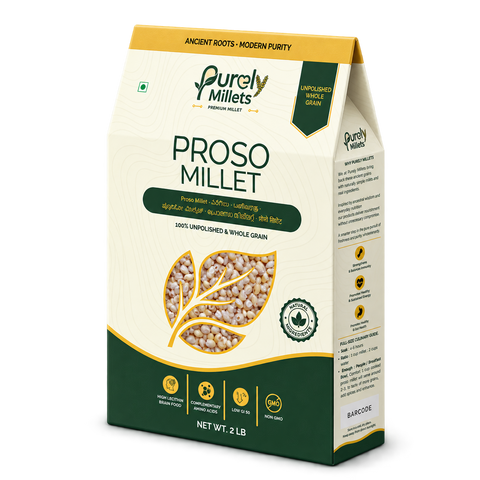 Purely Millets Proso Millets, 2 lb box, angled front view.