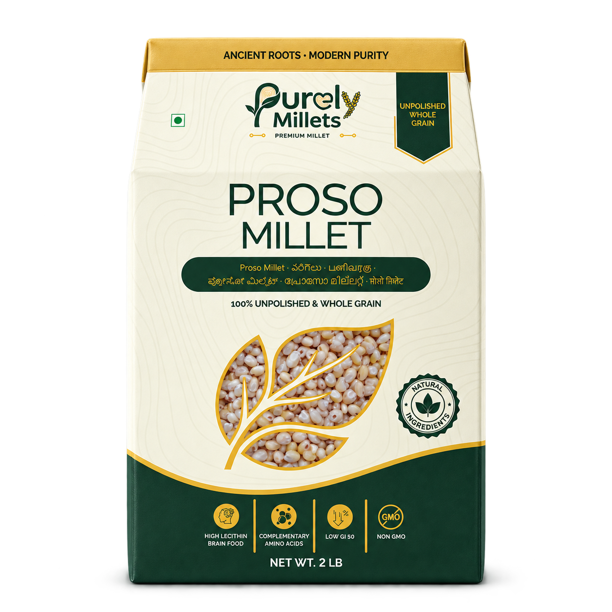 Purely Millets Proso Millets, 2 lb box, straight front view.
