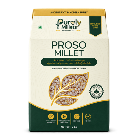 Purely Millets Proso Millets, 2 lb box, straight front view.