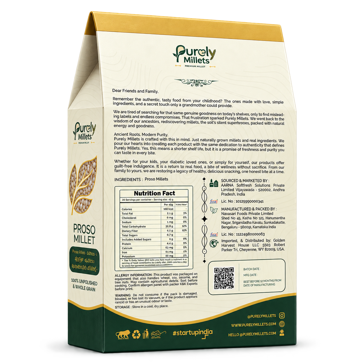 Purely Millets Proso Millets, 2 lb box, angled back view.