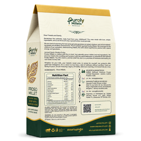 Purely Millets Proso Millets, 2 lb box, angled back view.