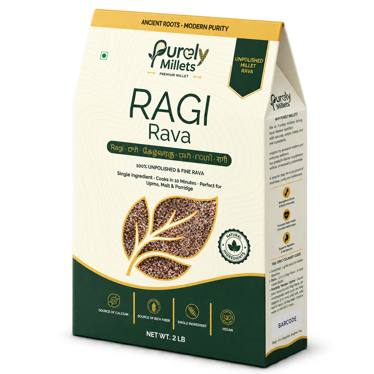 Purely Millets Ragi Rava, 2 lb box, angled front view.