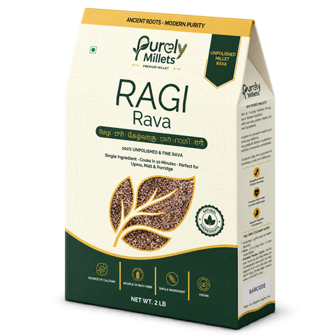 Purely Millets Ragi Rava, 2 lb box, angled front view.