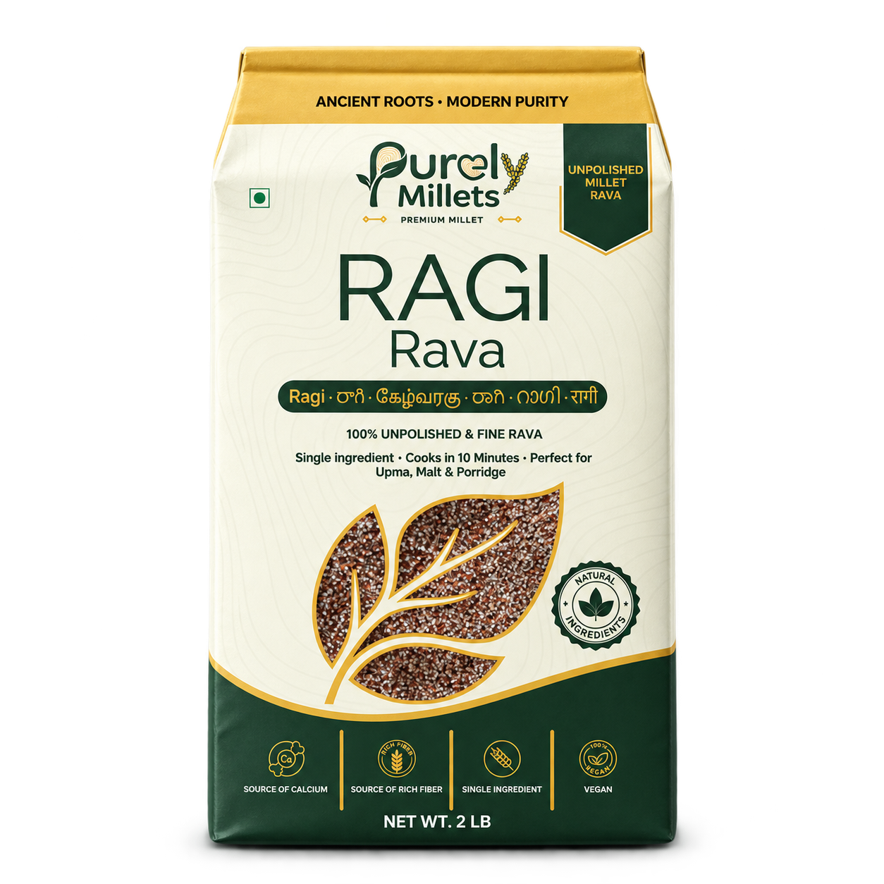 Purely Millets Ragi Rava, 2 lb box, straight front view.
