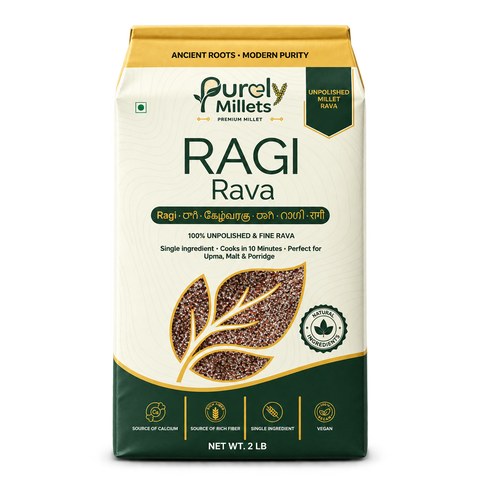 Purely Millets Ragi Rava, 2 lb box, straight front view.