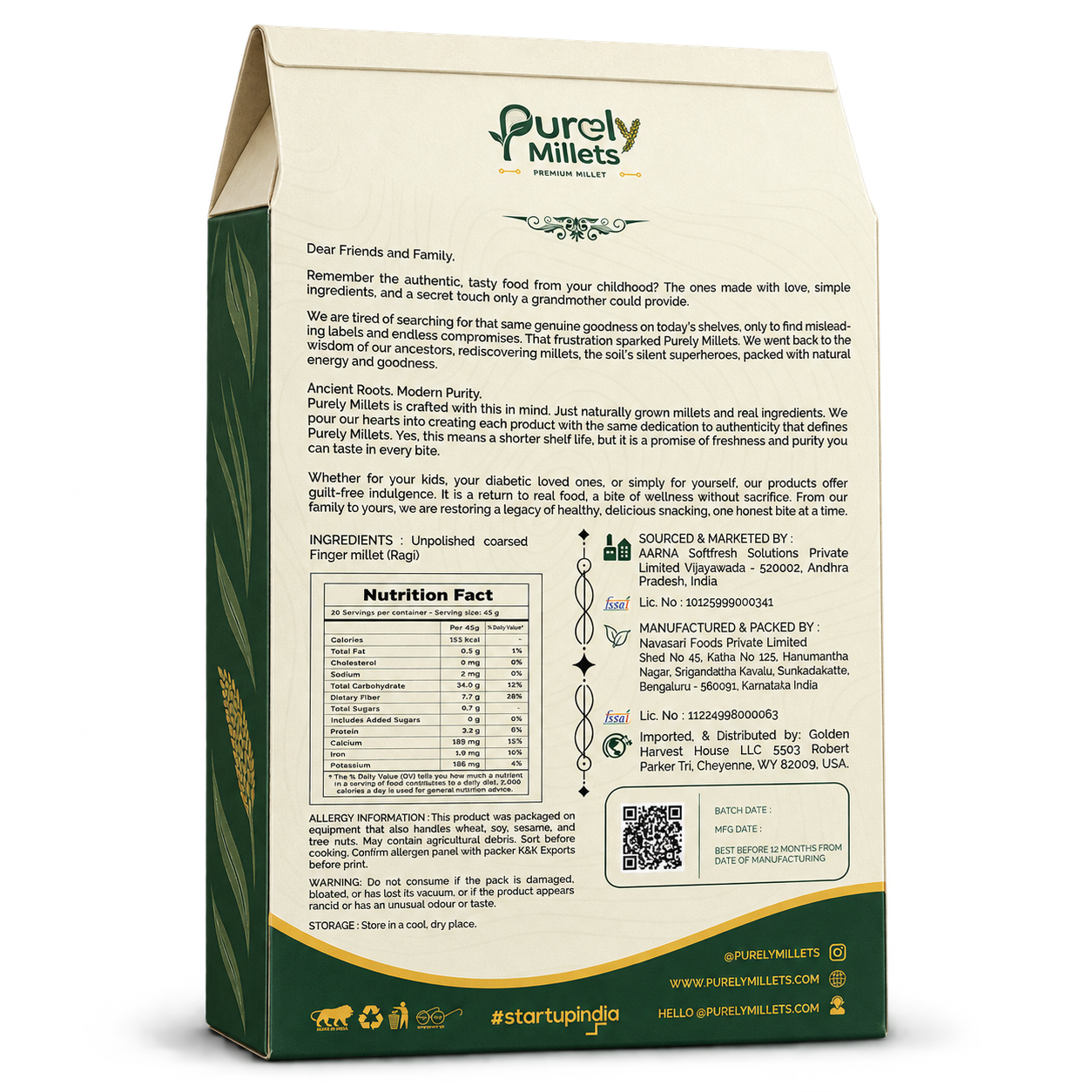 Purely Millets Ragi Rava, 2 lb box, angled back view.