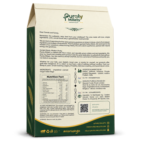 Purely Millets Ragi Rava, 2 lb box, angled back view.
